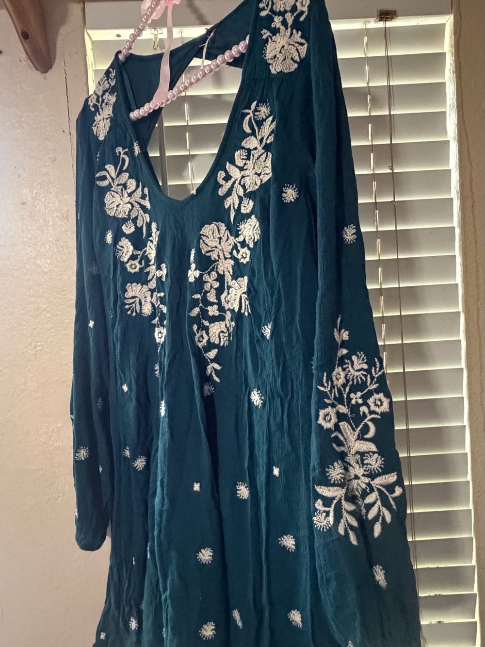 Free People Teal Embroidered V-Neck dress green and creem color, midi dress